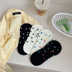 Set of four breathable mesh invisible boat socks with colorful polka dot patterns for women