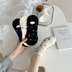 Detailed close-up of breathable mesh invisible socks with colorful polka dots patterns