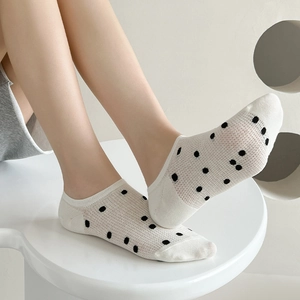 Close-up of breathable mesh ankle socks with black polka dots and non-slip silicone grip