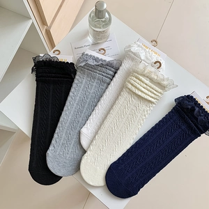 Women Cotton Crew Socks Cable Knit Lace Trim Sweet Lolita JK Style Ribbed Mid Calf