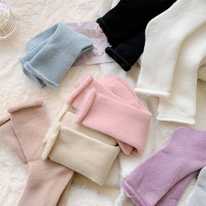 Detail view of colorful thick thermal socks with warm fleece lining and knit texture