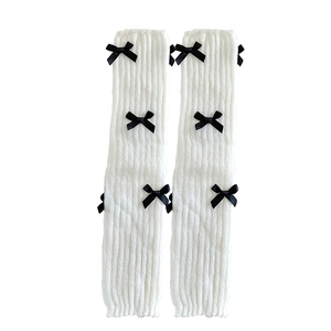 Jambières blanches en tricot côtelé pour femmes avec nœuds noirs en satin style Lolita