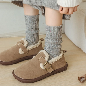 Brown suede clogs with wool lining paired with warm grey thick knit wool socks