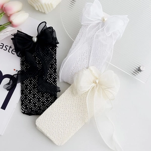 Sweet lace bow mesh socks with heart pearl accent in black white and beige colors
