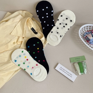Detail of breathable mesh ankle socks with colorful polka dots and anti-slip silicone heel