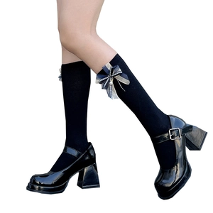 Japanese style black pearl lace bow knee-high socks with platform Mary Jane heels