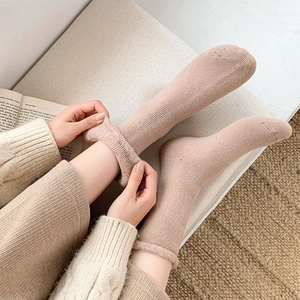 Detailed close-up of beige thermal knit socks with soft fleece lining and ribbed texture