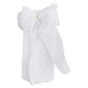 White lace mesh calf socks featuring a large bow and heart pearl accent in a flat lay view