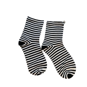 Classic black and white striped cotton crew socks with reinforced heel and toe details