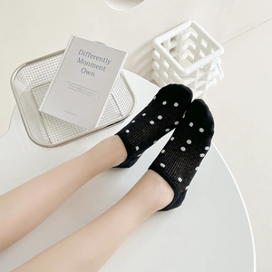 Women's black mesh no-show socks with white polka dots for summer breathable wear