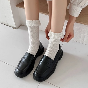 Lolita style white lace trim cotton socks with vertical ribbing pattern and loafers