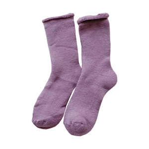 Purple thick thermal mid-calf socks with soft rolled edges on a clean white background