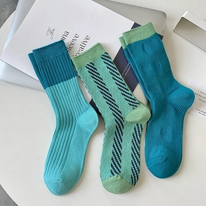 Women Mid Calf Crew Socks Cotton Ribbed Contrast Color Patchwork Striped Polka Dot Trendy Korean Style Casual Sporty