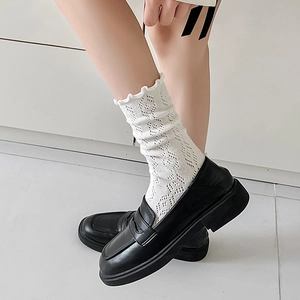 Chaussettes Mi-mollet Pour Femmes Coton Tricot Ajouré Bordure À Volants Style JK Japonais Doux Couleur Unie Respirant