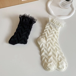 Detail of lace ruffle cuffs and textured wavy knit patterns on elegant mid-calf socks