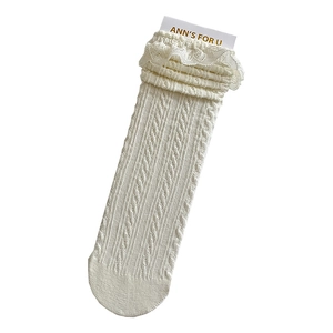 Lolita style knee high socks in creamy white featuring cable knit and lace trim finish