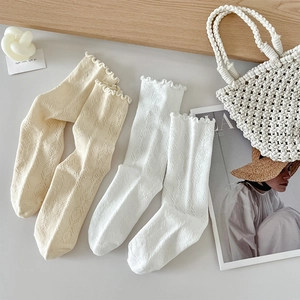 Vue détaillée de la maille ajourée et du bord dentelé sur les chaussettes en résille