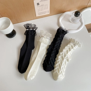 Detailed close-up of lace-trimmed socks with pearls and textured diamond patterns