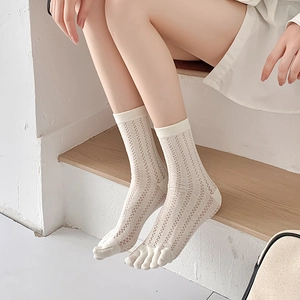 Breathable cream-colored five-finger socks for women with hollow mesh knit pattern