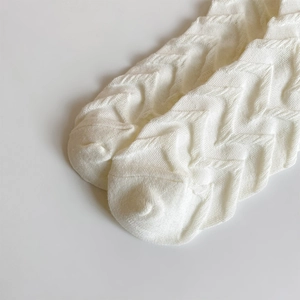 Detail of white Japanese Lolita lace socks featuring textured wave knit pattern