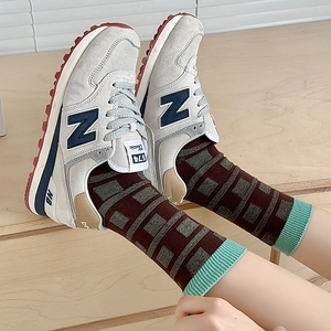 Retro brown striped mid-calf cotton socks with geometric patterns and rib cuffs