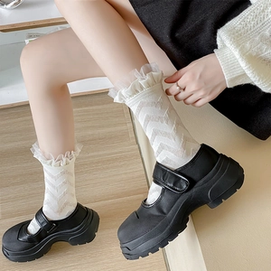 Classic black platform Mary Janes paired with elegant white lace frill crew socks