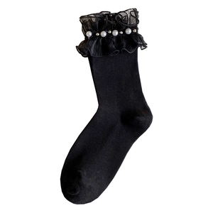 Japanese style black lace socks for women featuring white pearls and elegant ruffles