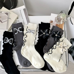 Women Crew Socks Cotton Ribbed Ruffle Edge Sweet Bow Flower Decoration Calf Length Japanese JK Style Hosiery For Daily