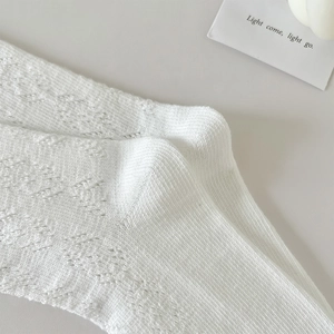 Gros plan détaillé de chaussettes en maille blanche avec motifs ajourés et dentelle