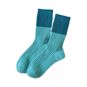 Minimalist blue patchwork ribbed crew socks for women featuring athletic colorblock design