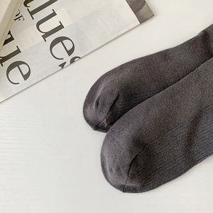 Close-up of charcoal grey cotton rib-knit socks showing fine texture and toe seam details