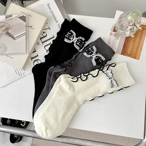 Japanese style ruffle socks with mesh bows in black, grey, and beige for women