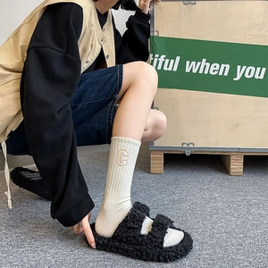 Women's mid-calf ribbed socks with embroidered letter C and black buckle plush sandals