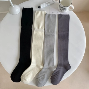 Over The Knee Socks Women Cotton Ribbed Knit Vertical Striped Solid Color Slimming Japanese Preppy Style Thigh High