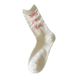 Chaussettes blanches style JK japonais avec nœuds en velours rose et bord roulé