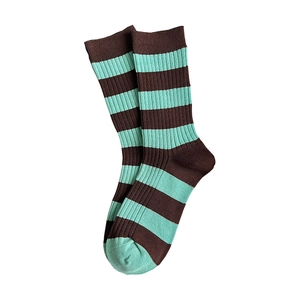 Retro brown and teal striped crew socks with classic ribbed knit texture in mid-tube style