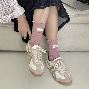 Pink cotton ruffle crew socks with letter patch and retro sports sneakers for women