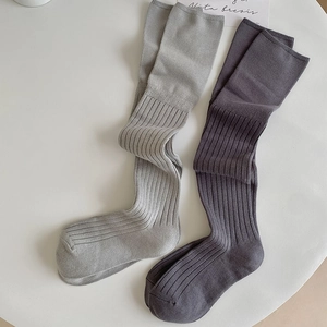 Close-up of ribbed knit texture on over-the-knee socks in gray and dark gray tones