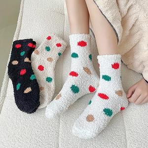 Thick coral fleece thermal socks with polka dot pattern for cozy winter home wear
