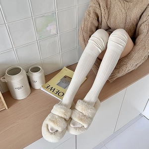 Cream white over-knee knit socks with vertical stripes and matching plush slippers set