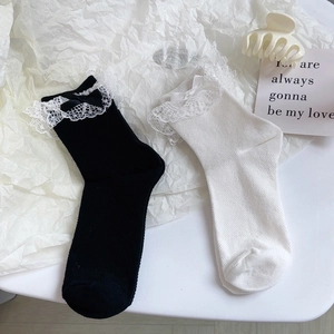 Chaussettes Lolita Pour Femmes Filles Mélange Coton Bordure En Dentelle Nœud Décor Style Japonais Doux Respirant