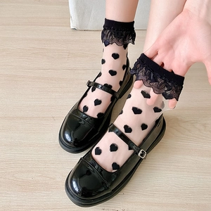 Close-up of black lace-trimmed heart pattern sheer socks worn with Mary Jane shoes