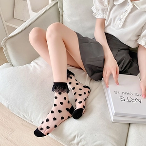 Detail of sweet Lolita lace trim socks with black heart pattern and sheer mesh fabric