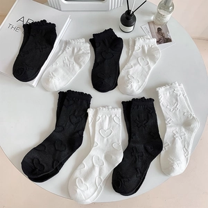 Women Cotton Blend Socks Heart Butterfly Jacquard Lettuce Edge Ruffle Lolita Japanese Style Crew Ankle