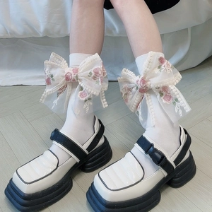 Calze Lolita Con Grande Fiocco In Pizzo Ricamo Rosa Cotone Stile Giapponese Dolce Retro Per Donne