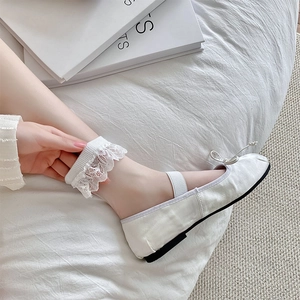 Close-up of white lace trim socks paired with Mary Jane canvas flats in a minimal setting
