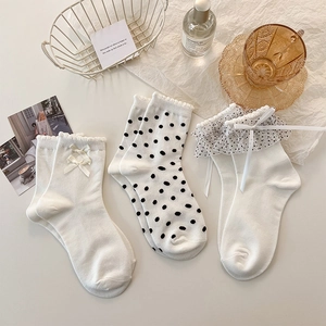 Calze Lolita Donne Cotone Pizzo Volant Pois Fiocco Stile Giapponese Dolce Principessa Metà Polpaccio Moda JK