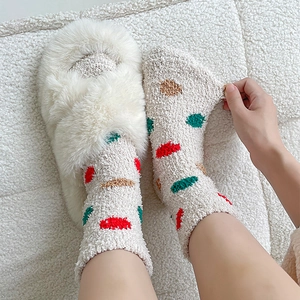 Plush coral fleece mid-calf socks with colorful polka dots and fuzzy slippers set