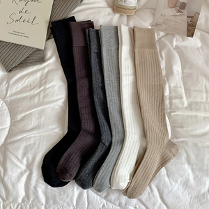 Chaussettes Hautes Mollet Femmes Coton Tricot Côtes Couleur Unie Style Preppy Japonais JK Automne Hiver
