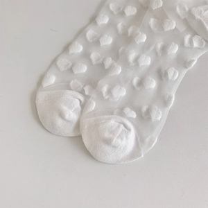 Detailed macro view of white heart pattern mesh fabric on sheer lolita lace socks